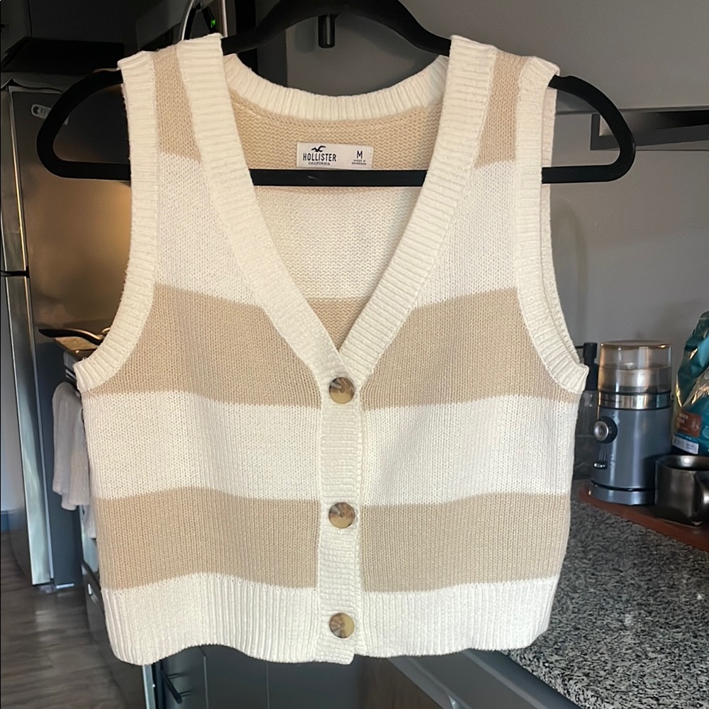 Hollister Cream and Beige Striped Knit Button-Up Vest